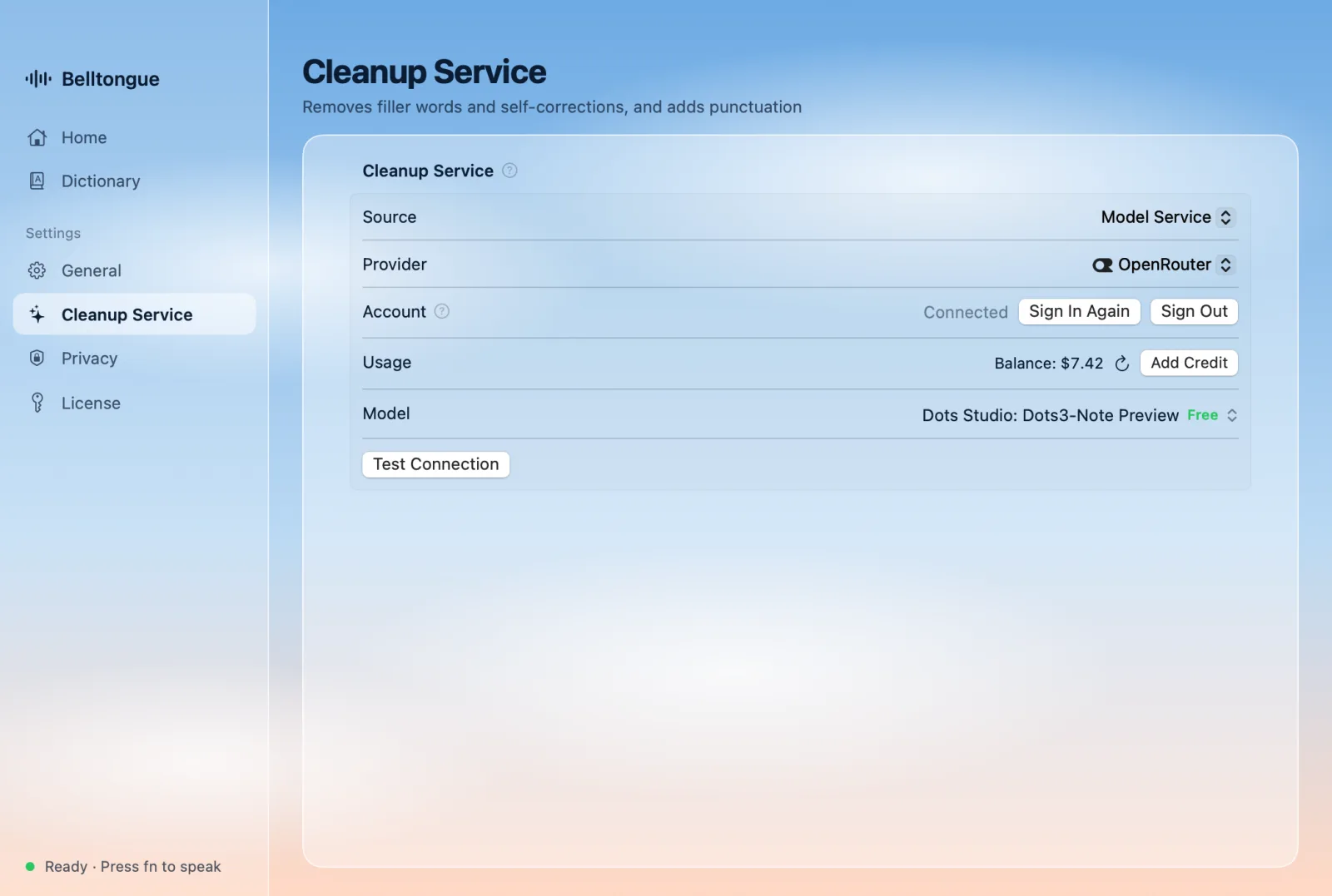 Settings › Cleanup Service: signed in with OpenRouter, balance and a free model