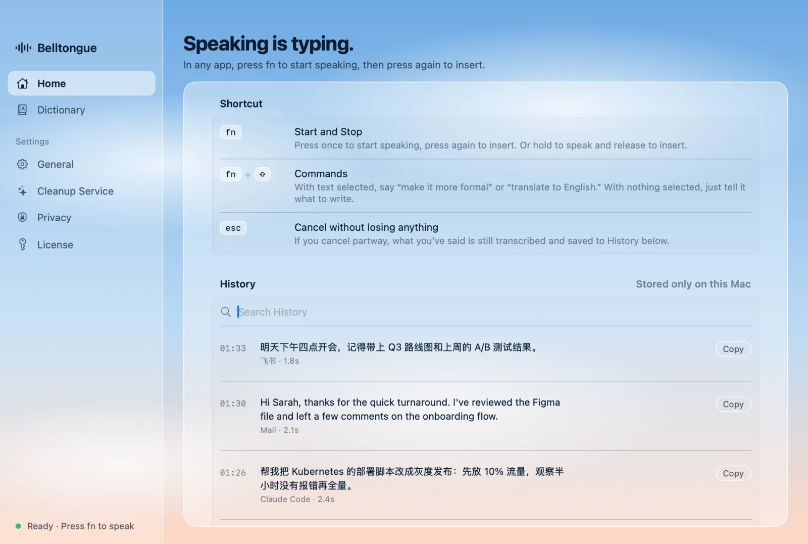 Belltongue’s home window: the dictation shortcuts and recent history