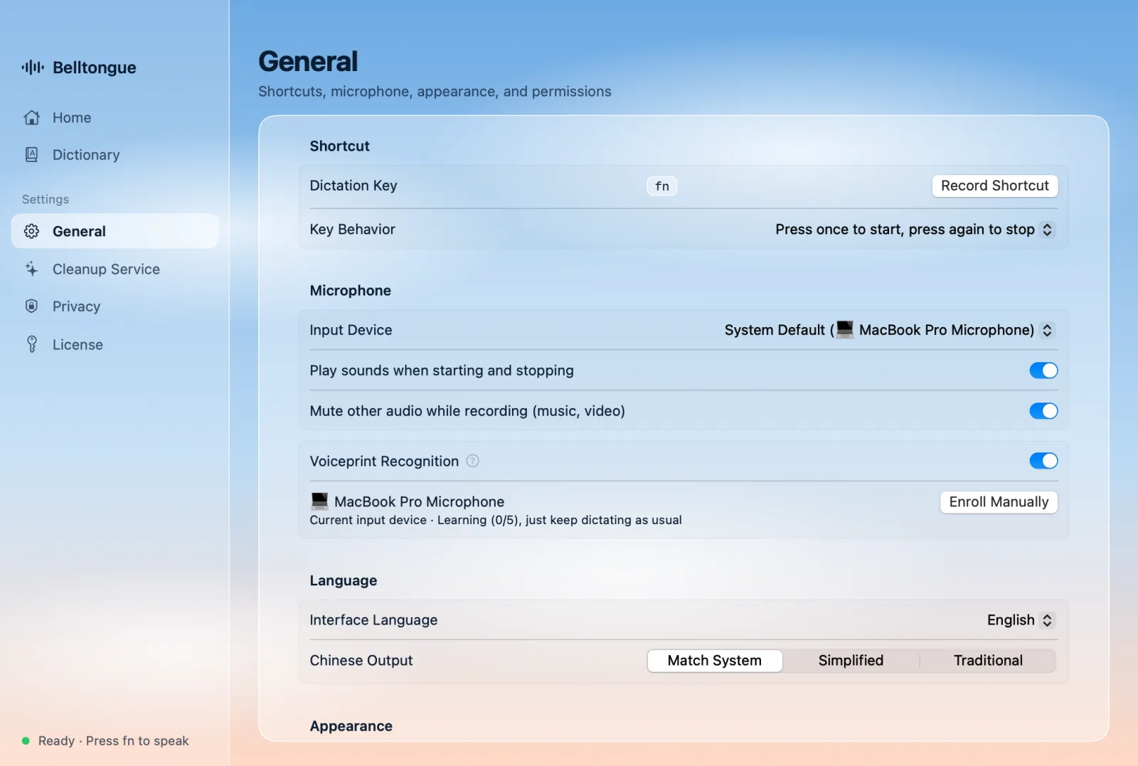 Settings › General: microphone options and Voiceprint Recognition, learning while you dictate